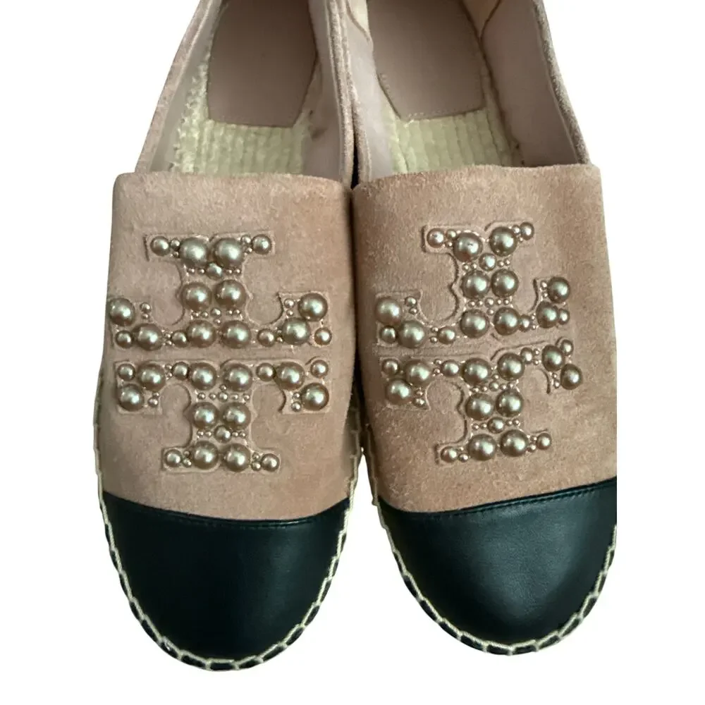 Tory Burch Pearl Logo Espadrille Flats Sensory  Suede Meadowsweet Size 10.5